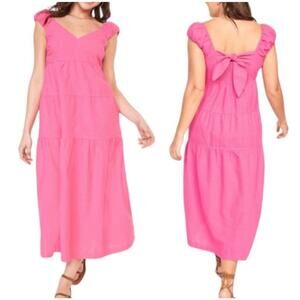 Old Navy Women's Small Maxi Tiered Dress Seersucker Pink Smocked Barbiecore